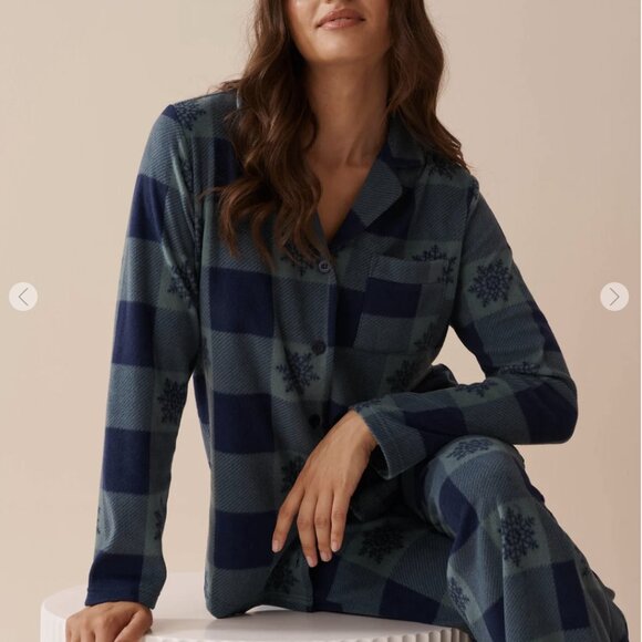 La Vie en Rose - Blue & Green Plaid Micropolar PJ Set NWT,  Size M - Picture 3 of 5